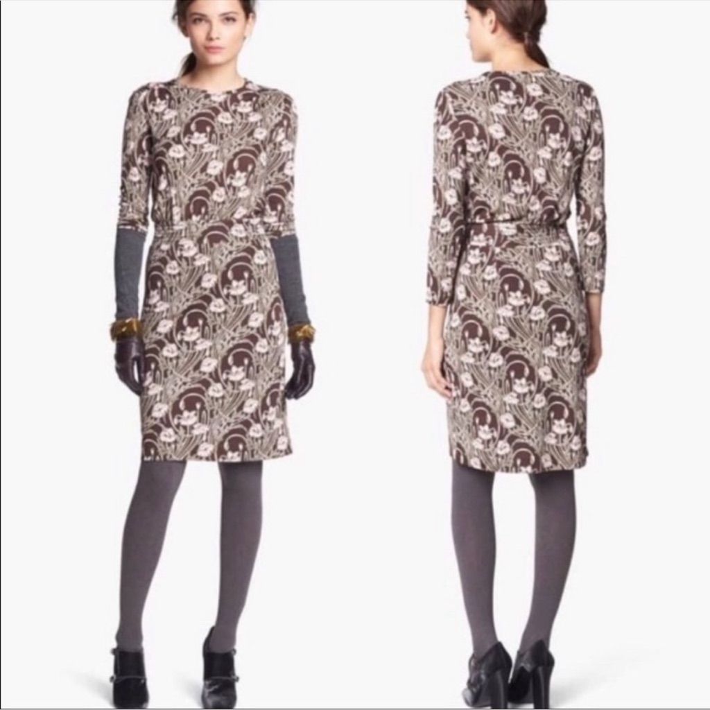 Tory Burch Silk Runway Dagny Botanical Print Dress In Brown & Pink 3/4 Sleeves